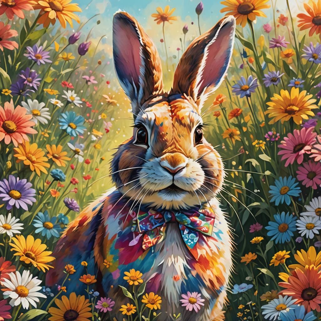 Psychedelic Rabbit in Tie-Dye Flower Field