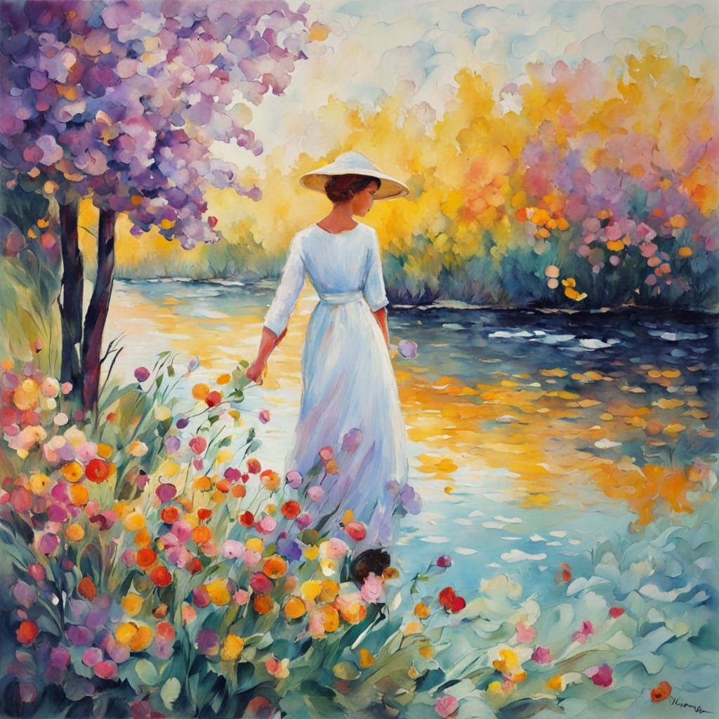 Impressionistic Women with Flowers on Riverbank
