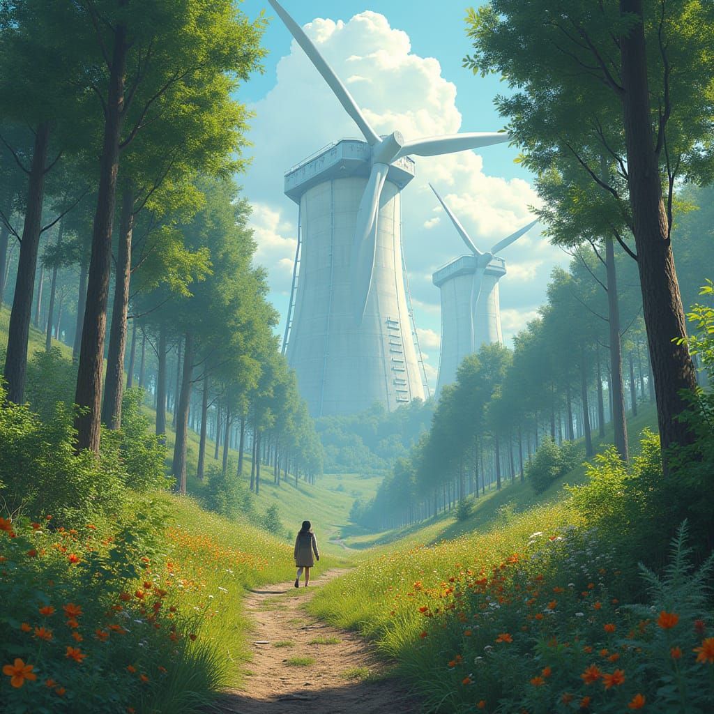 Wind Farm Amidst Forest in Realistic Style