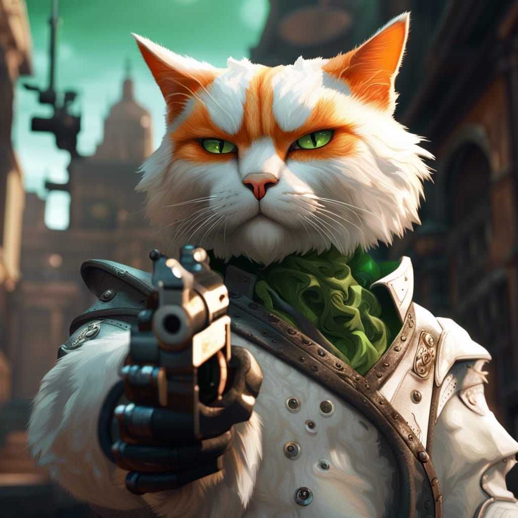 Gunslinger Cat with Revolver in Detailed Matte Painting