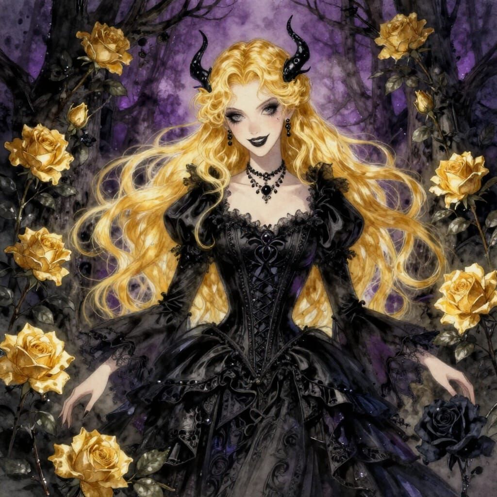 Golden Enchantress in Gothic Style Watercolor Painting