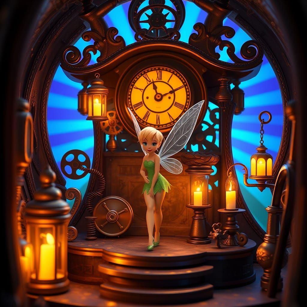 Pixar style Tinkerbell at home in side of her wall clock house