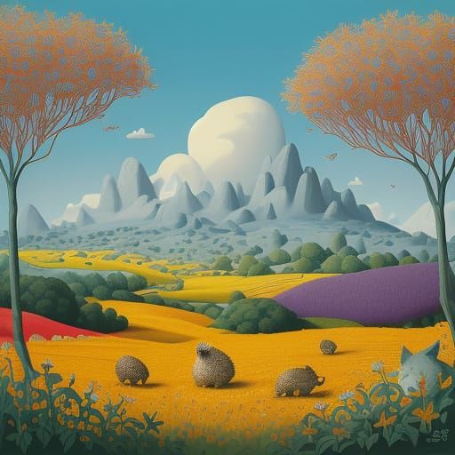 Whimsical Gingham Landscape with Dreamlike Creatures