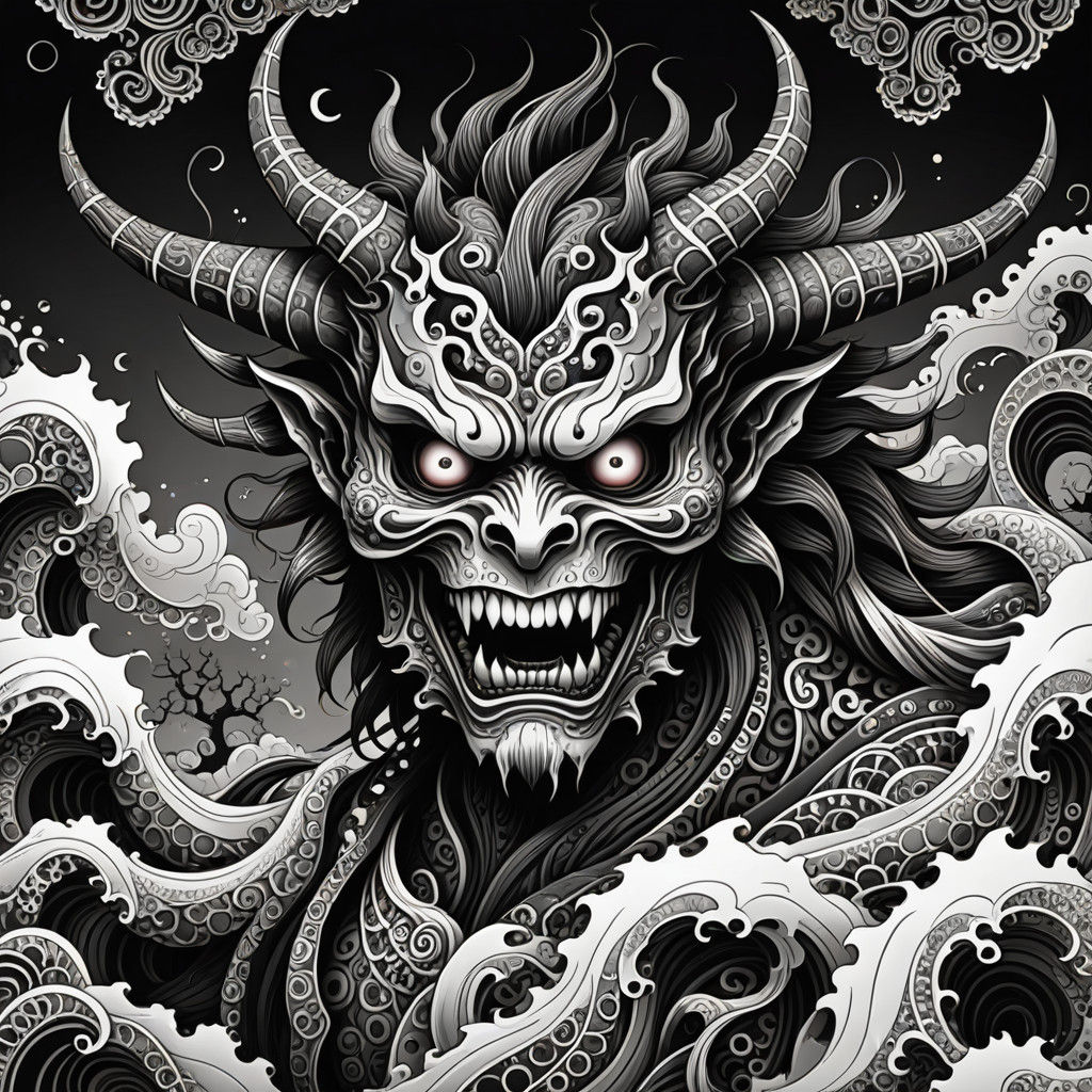 Ethereal Horror in Japanese Folk Ink Style