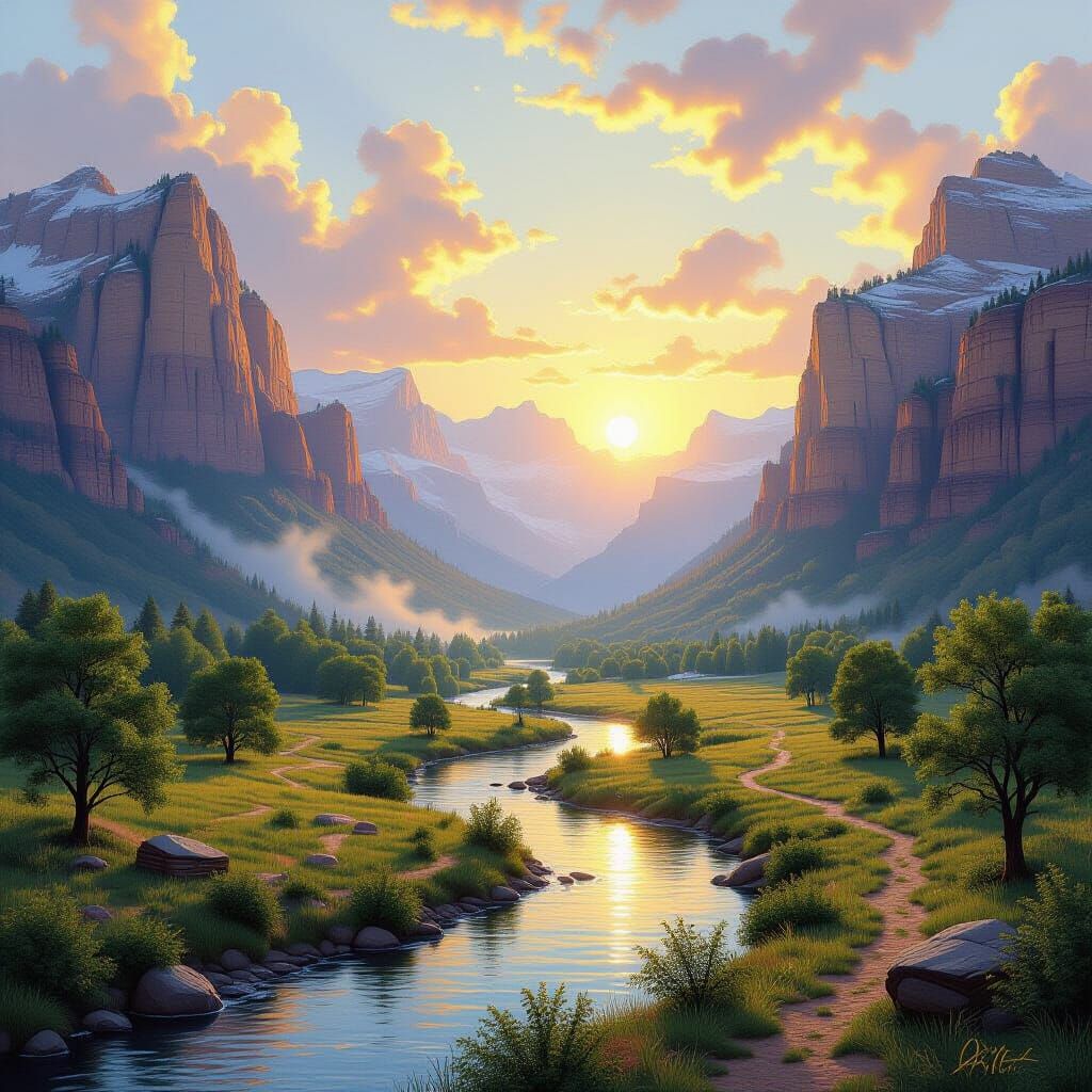 Hidden Valley Landscape with Golden Cliffs and Setting Sun