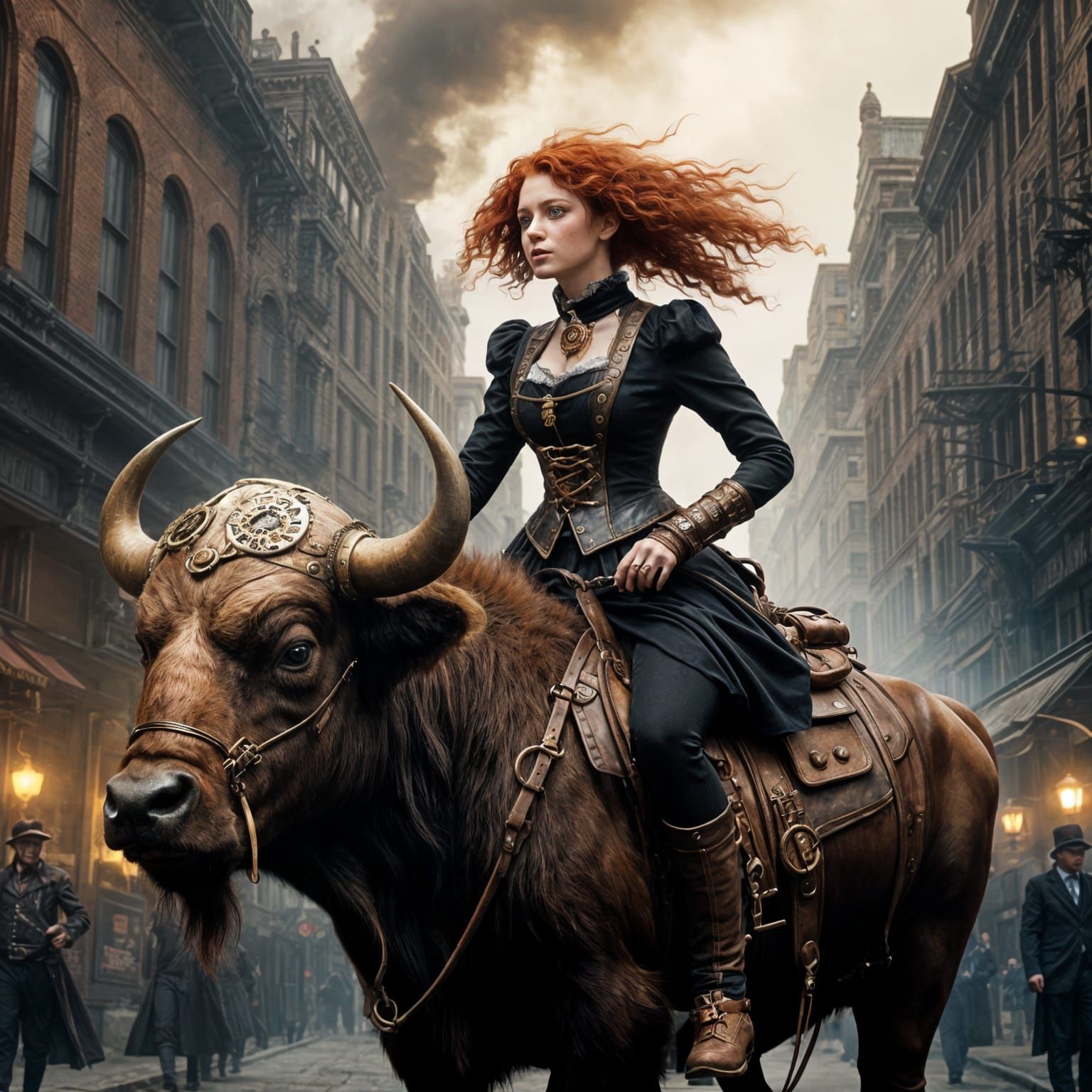 A Girl Riding a Buffalo in a Futuristic Steampunk Metropolis