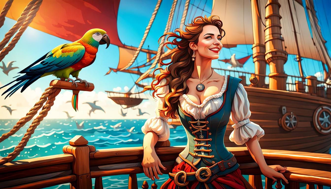Smiling Woman on Pirate Ship Deck in Sunny Weather