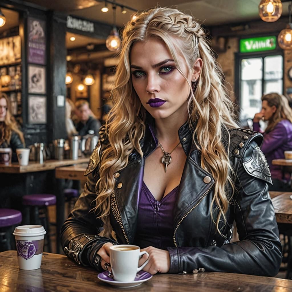 Valkyrie with Viking Features in a Cafe
