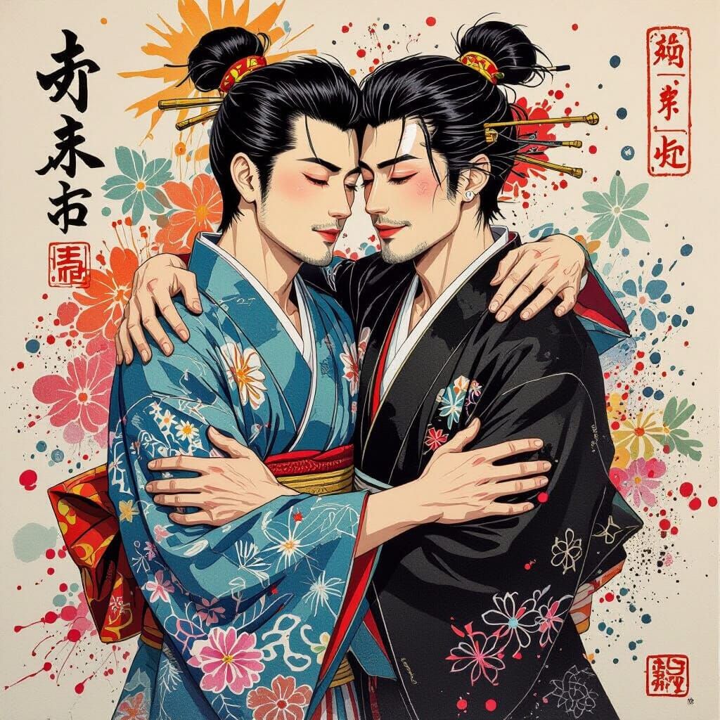 Elegant Japanese Men Embrace: Takashi Murakami Style