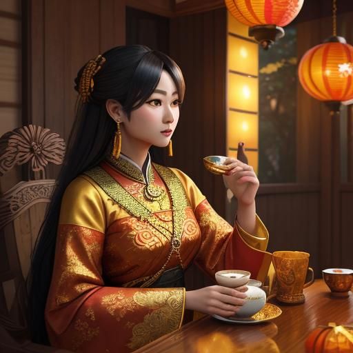 Vibrant Anime Portrait of Burmese Lady Drinking Beer