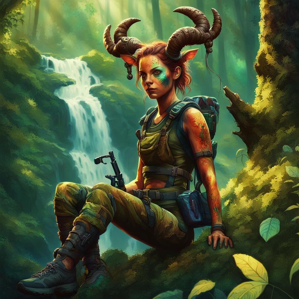 Female Satyr Commando in Lush Forest, Fantasy Art