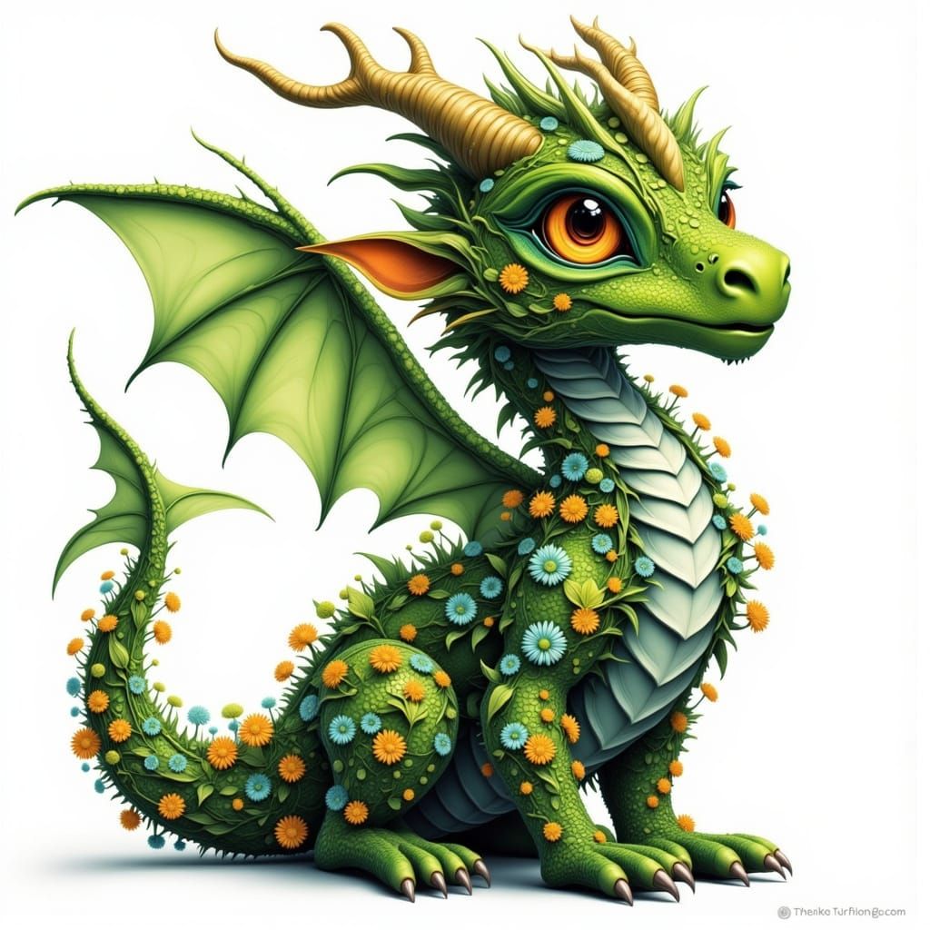 Vibrant Floral Dragon with Small Green Horns