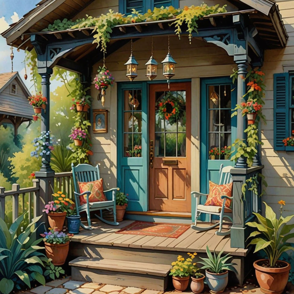 Whimsical Bohemian Cottage Porch in Vibrant Gouache Style