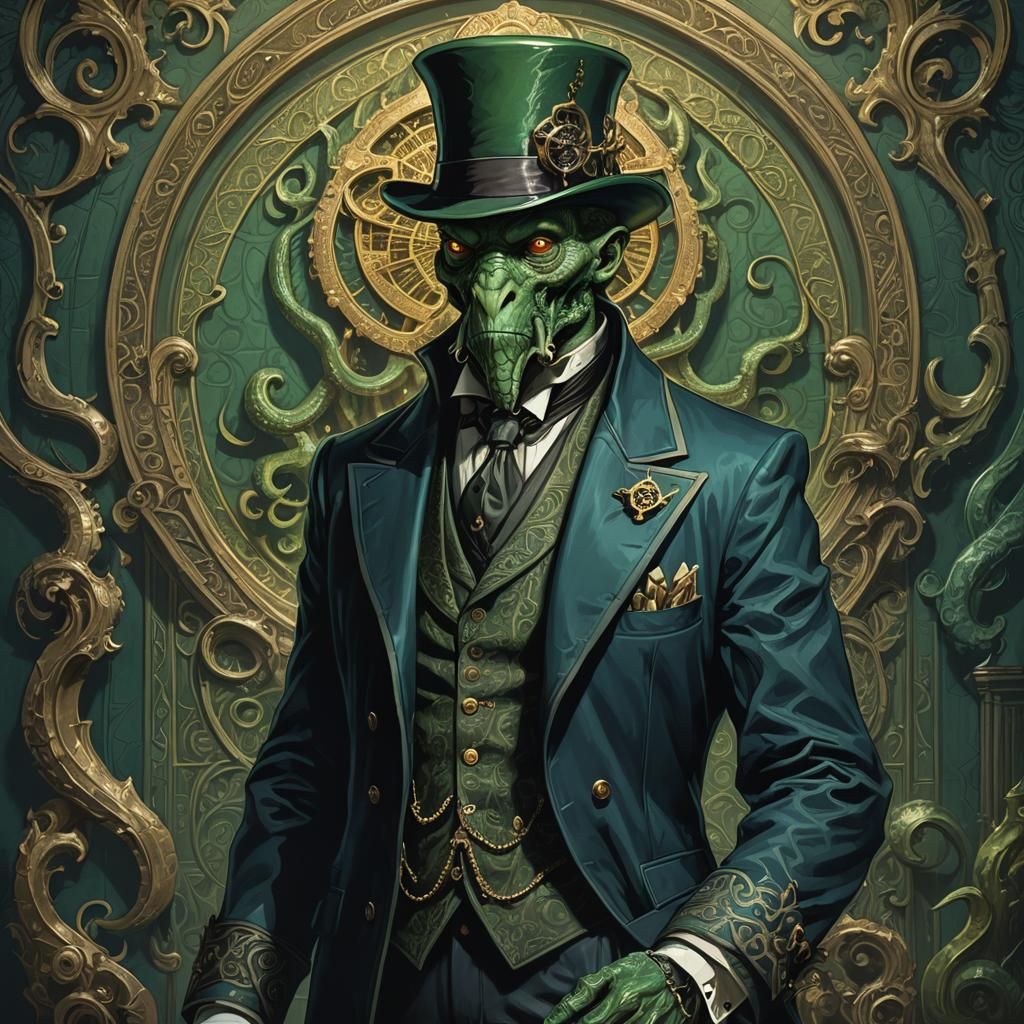 Cthulhu Gentleman in Ornate Study, Dark Fantasy Art