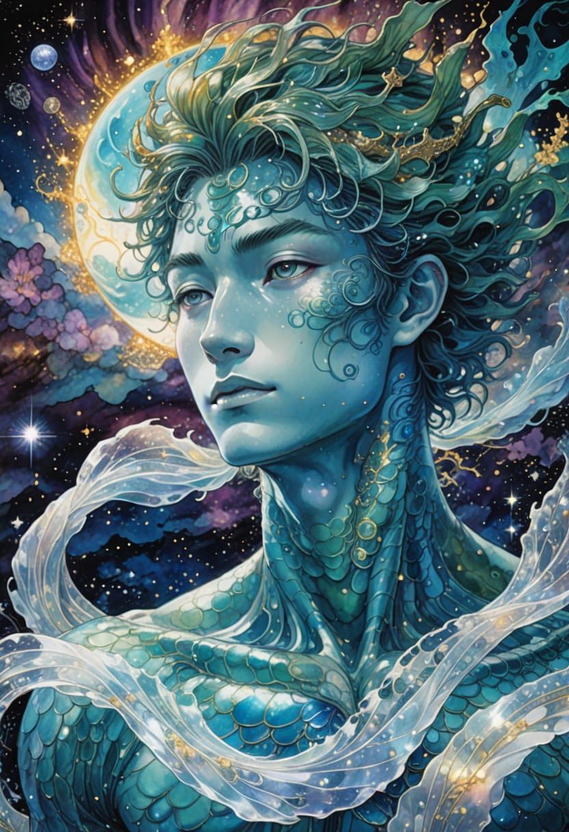 Merman Portrait in Cosmic Nebula, Inspired by Amano
