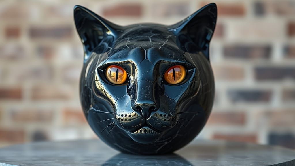 Spherical Dark Marble Cat Sculpture with Golden Veins