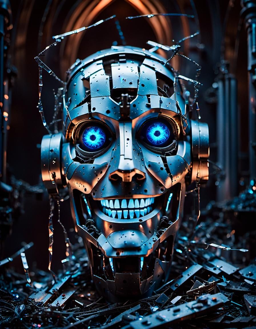 Dystopian Robot Face in Abandoned Church