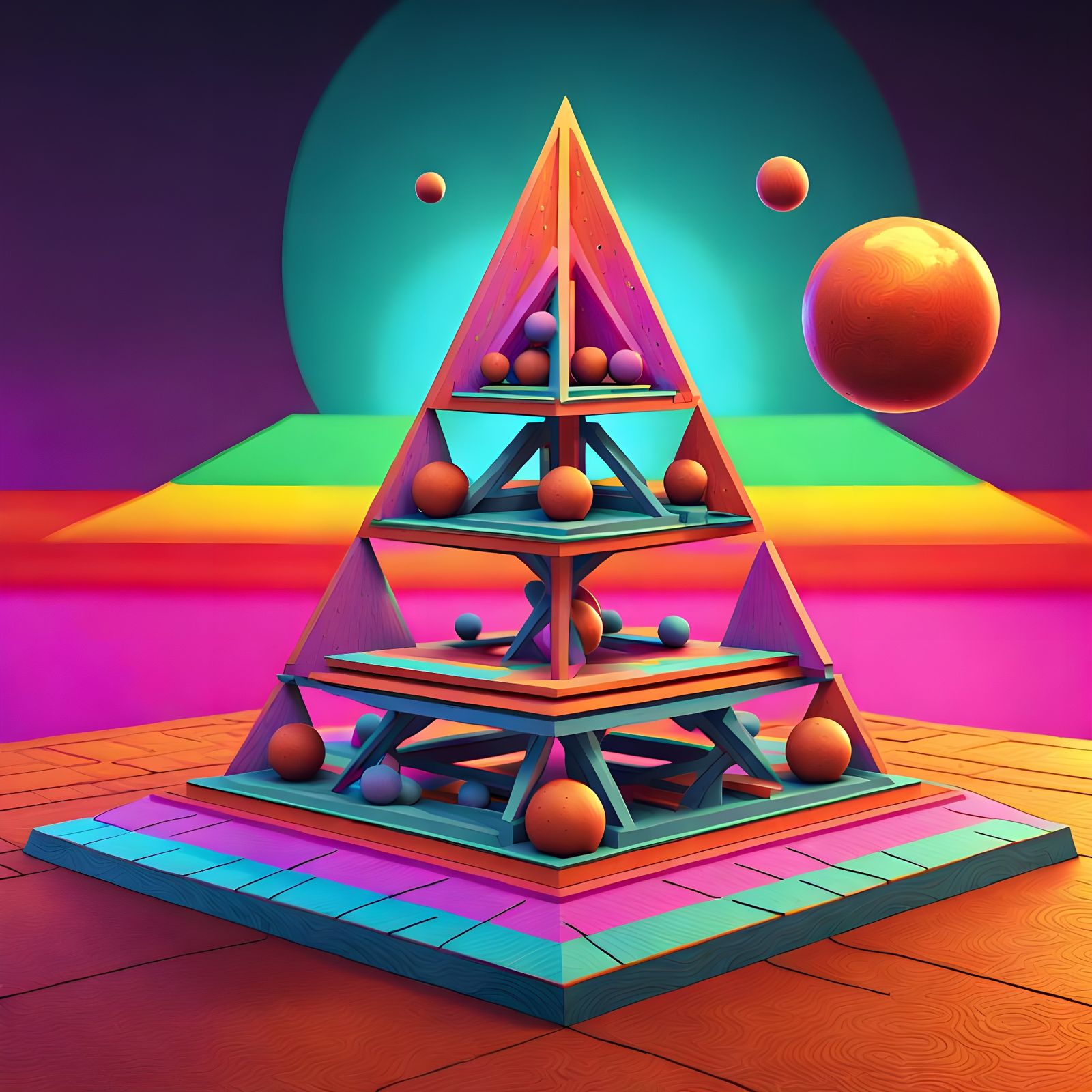 Escher-Inspired Pyramid Balancing Planets in Neon Colors