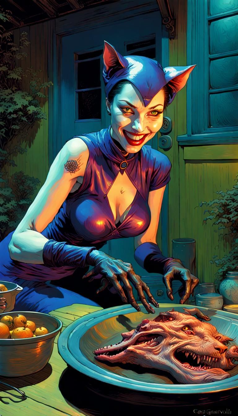 A beautiful Catwoman look very happy, She cook werewolf carcass with werewolf head near it. In the yard home, Vivid and ...