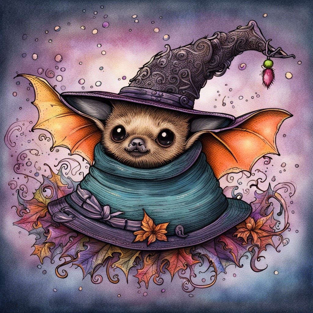 Magical Bat in Pen, Ink, and Watercolor