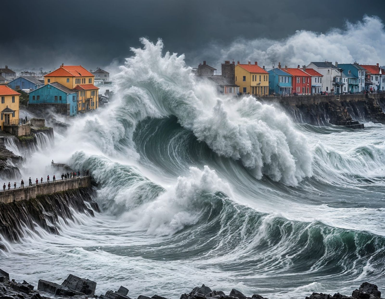 Storm Waves Crash Against Village Sea Wall