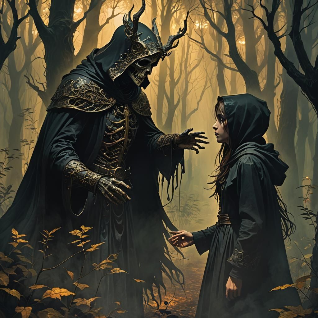 Death and Maiden in Mystical Forest, Fantasy Art