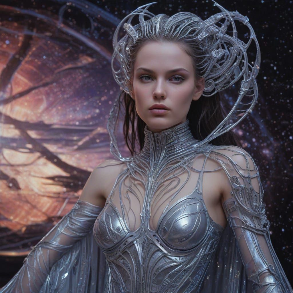 Ethereal Goddess of the Cosmos in Futuristic Splendor
