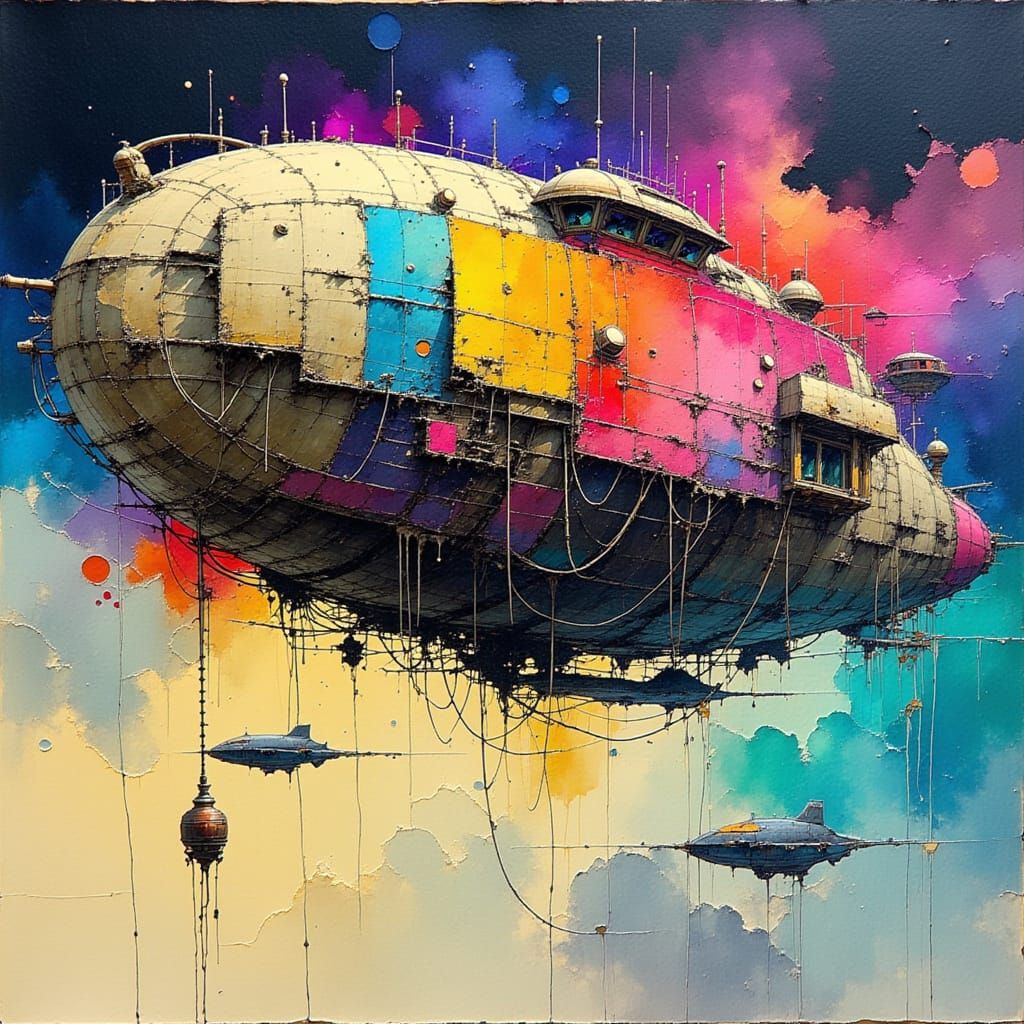 Cyberpunk Cargo Spaceship in Nebula Watercolor Style