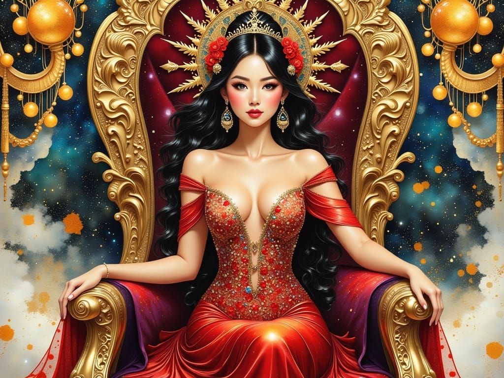 Asian Queen on Royal Throne in Alcohol Ink Style
