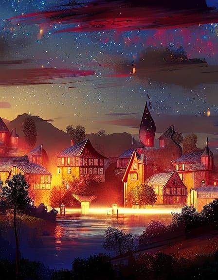 Medieval Village Under Stars in Pointillism Style