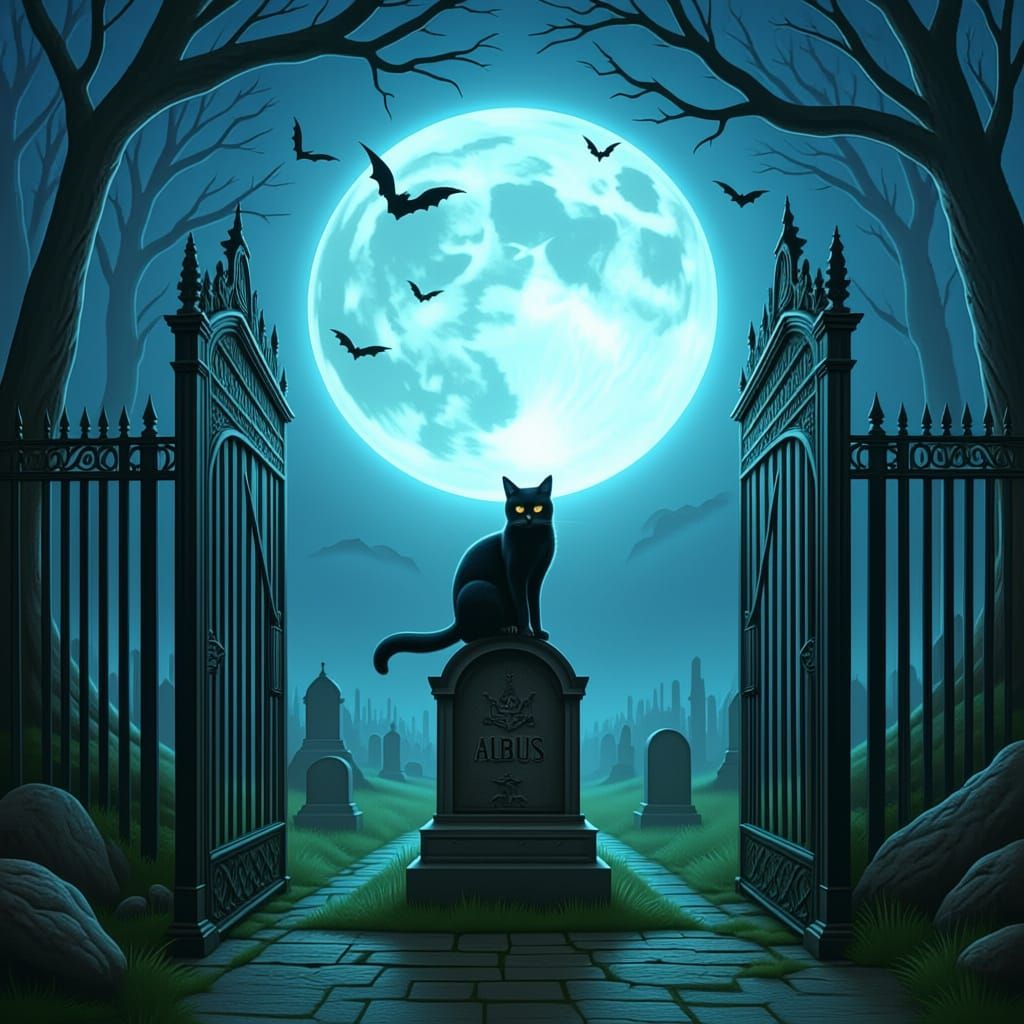 Black Cat Sits on Grave in Spooky Graveyard Scene