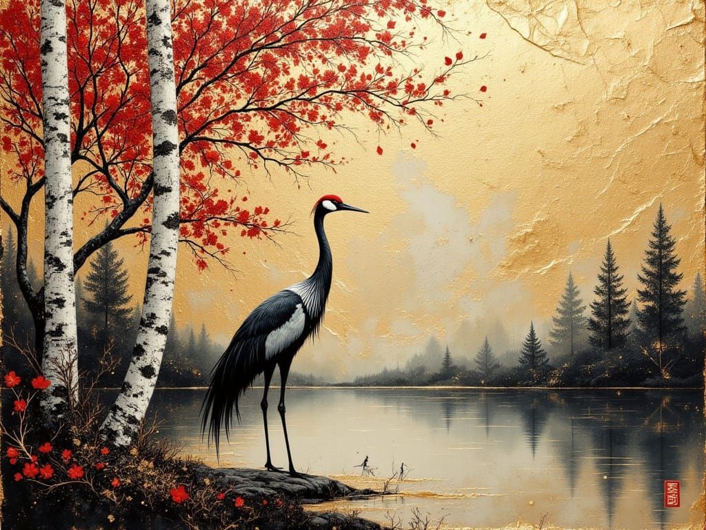 Impasto Painting of Majestic Crane on Cherry Blossom Tree