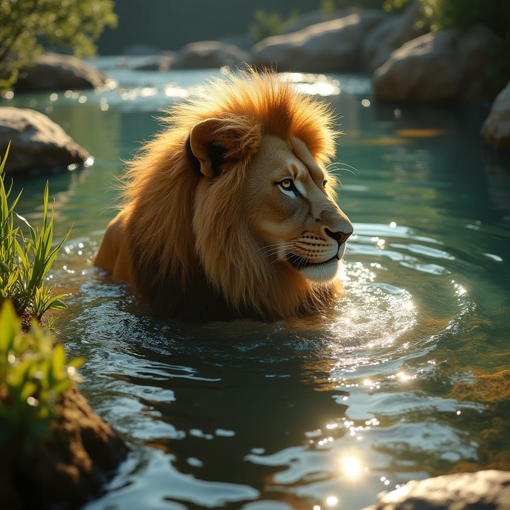Regal Lion in Crystal River, Hyperrealistic Concept Art