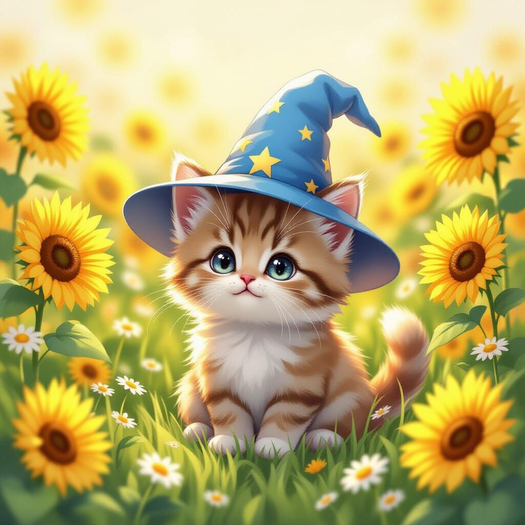 Adorable Kitten in Wizard Hat Amidst Sunflowers