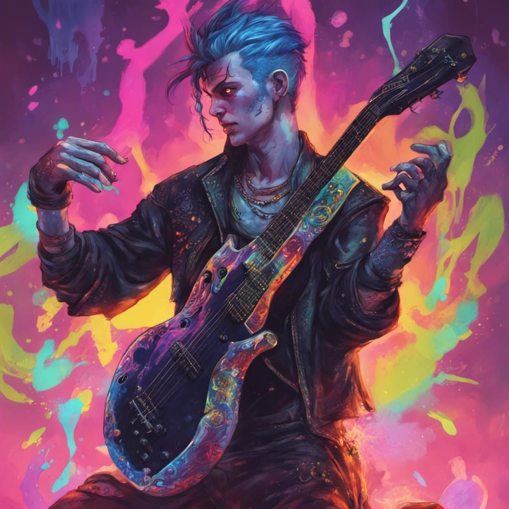 Neon Punk Pixie Bard in Bioluminescent Tavern