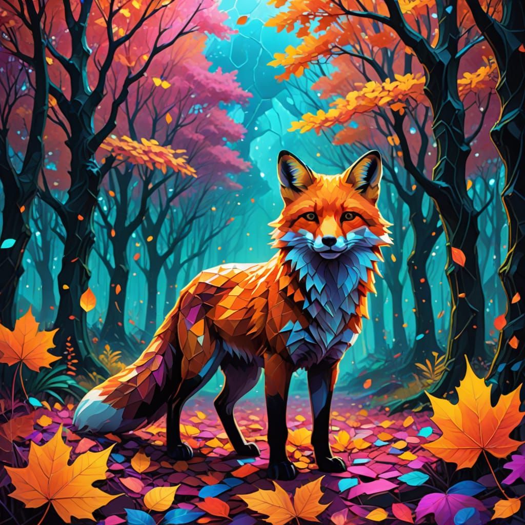 Synthwave Fox With Autumn Leaves in Neon Glow