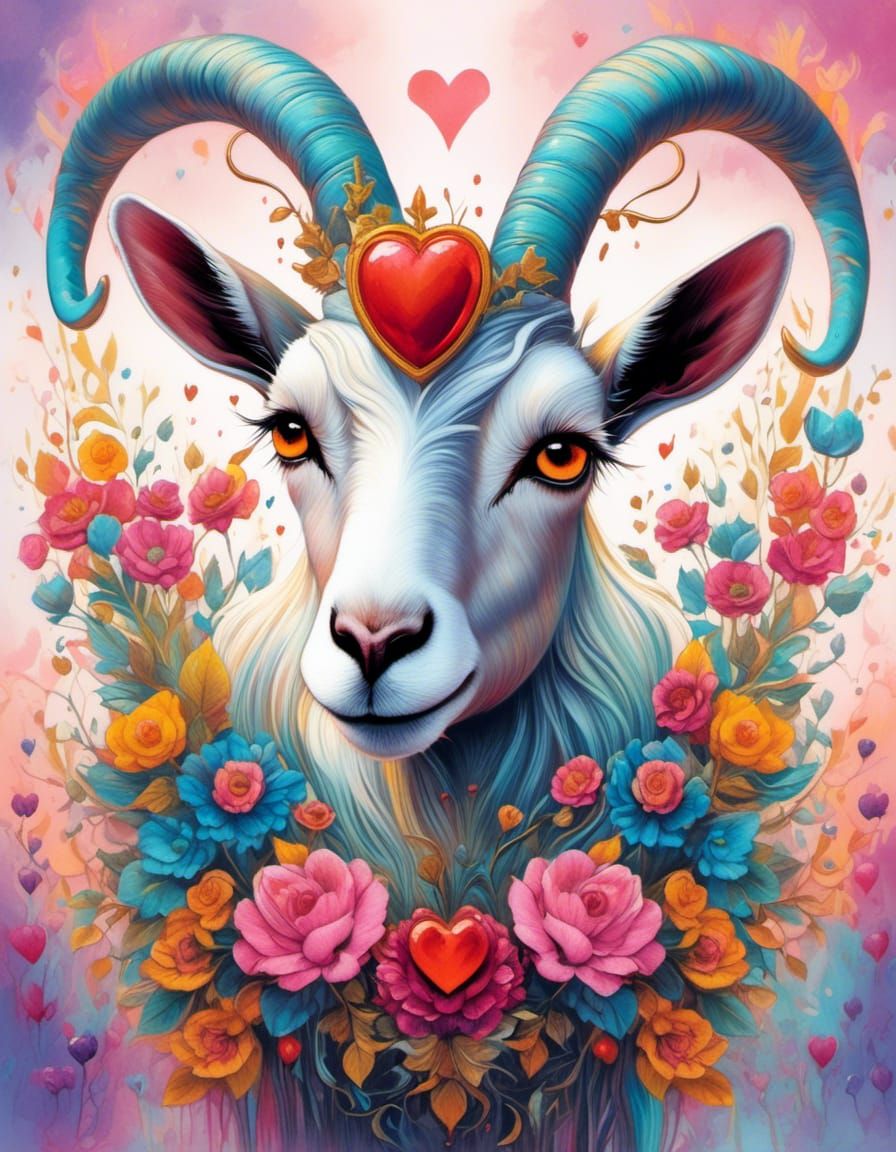 Elegant Goat with Heart Eyes in Fantasy Art