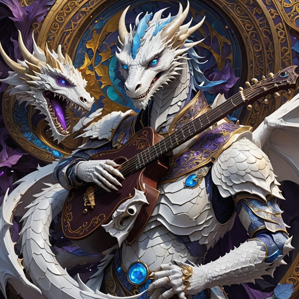 Dragonborn Bard with Lute in Dark Fantasy Art