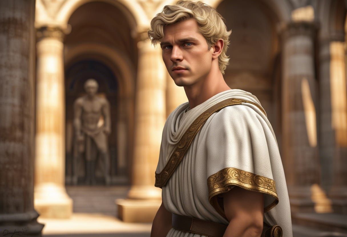 Young Roman Man in Detailed Hyperrealistic Scene