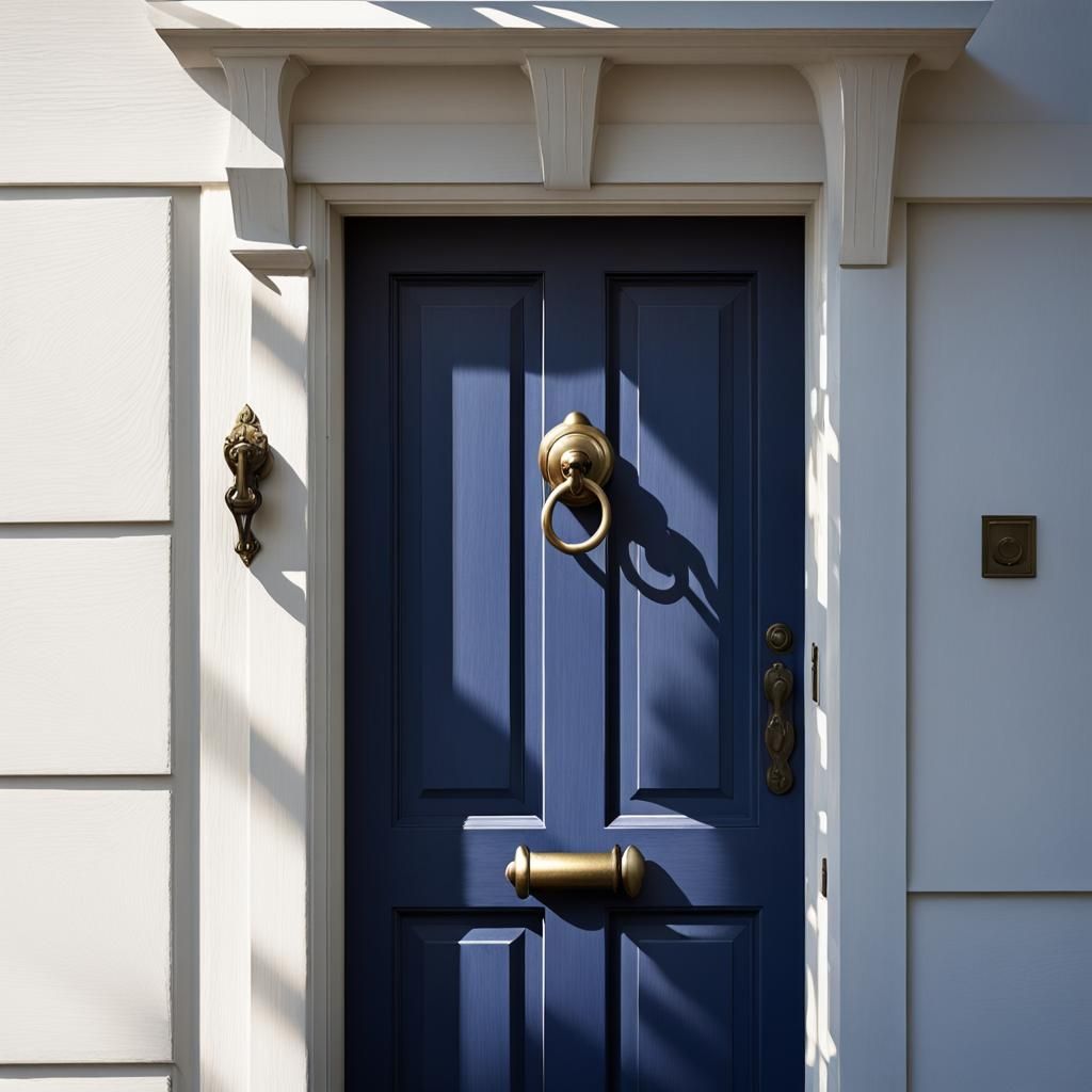 Navy Door in White Hour, Hopper-esque Shadows