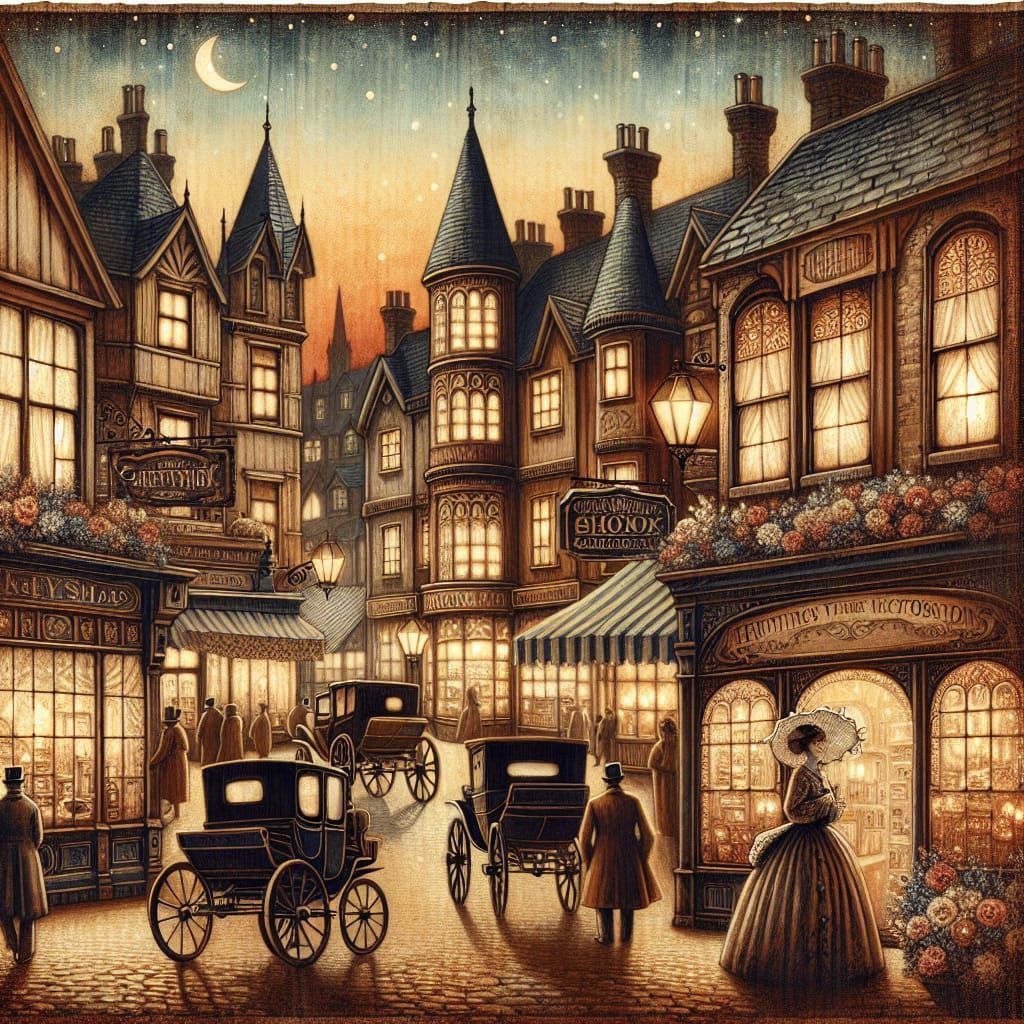 Victorian Town at Dusk in Neurographic Art Style