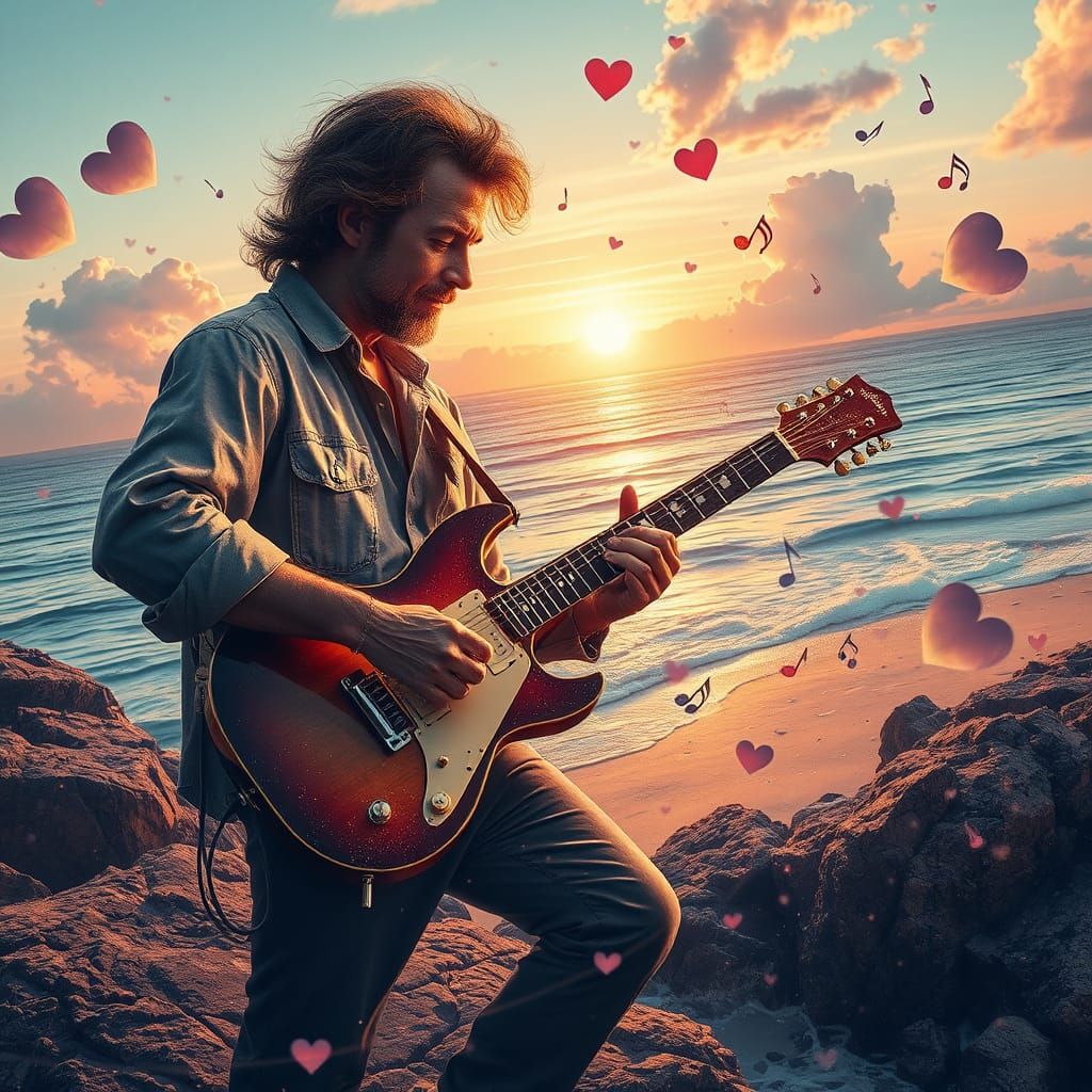 Vibrant Double Exposure Masterpiece of Guitarist in Beachsca...
