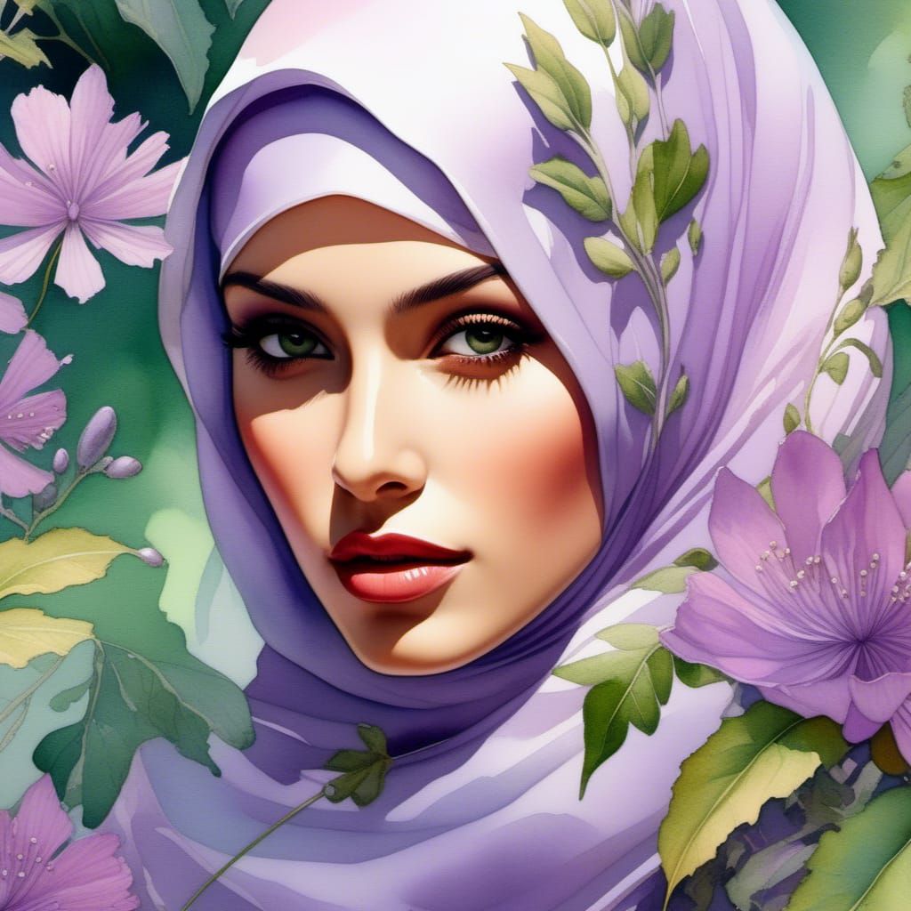 Beautiful Hijab Fairy in Watercolor Oasis