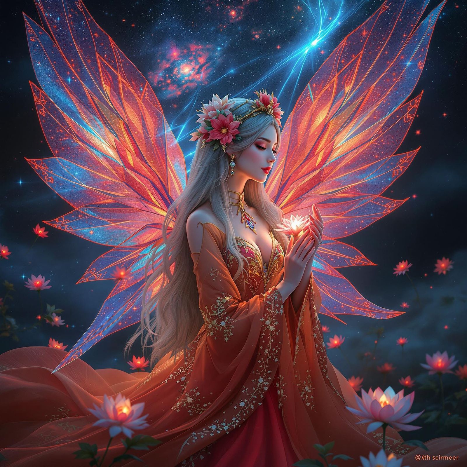 Asian Woman with Lotus Flower and Fairy Wings