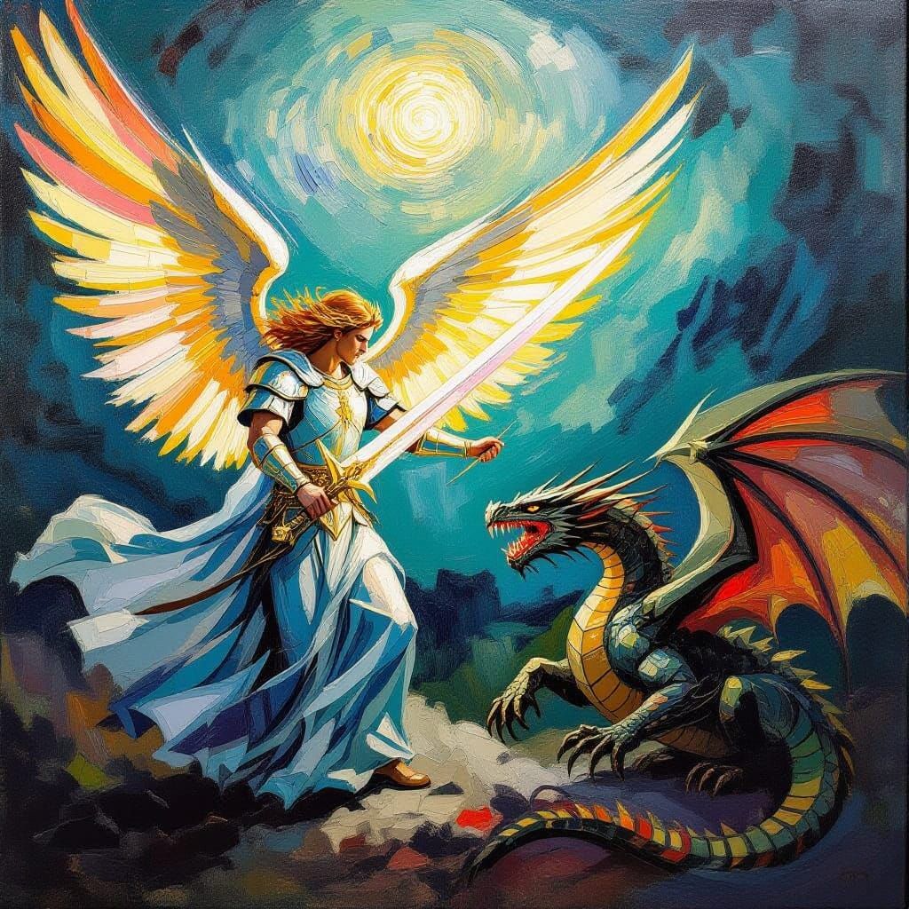 Archangel Michael Slaying Dragon in Expressionist Oil Painti...