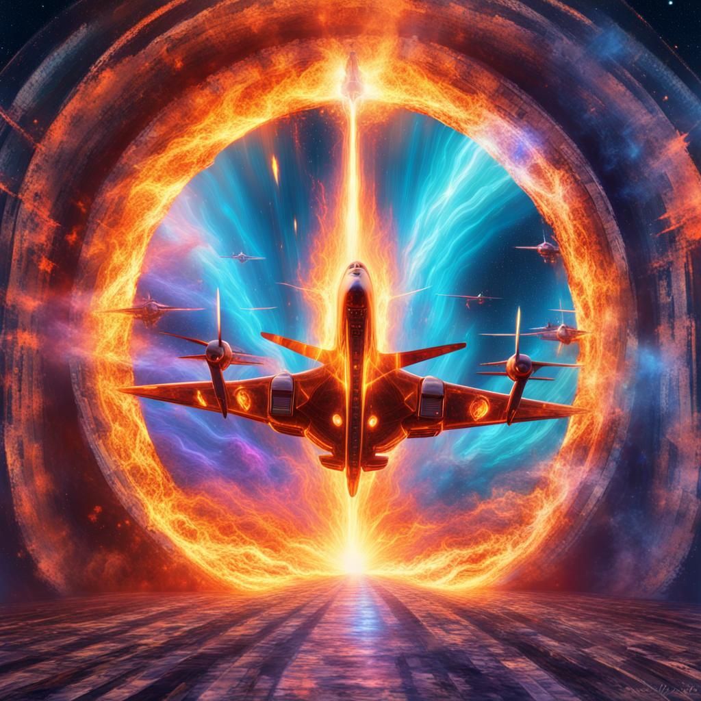 Burning Warplane Emerges from Cosmic Portal