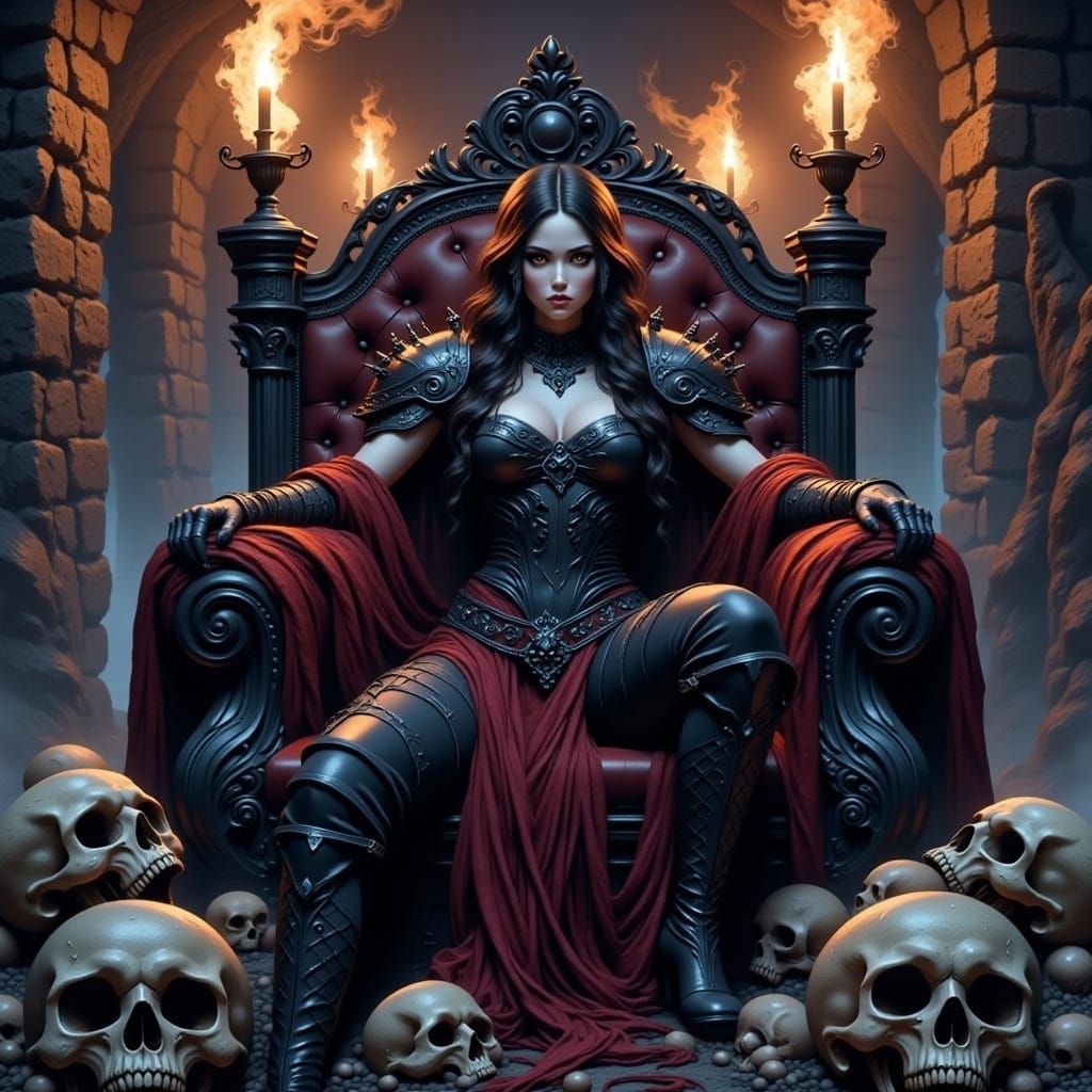 Drow Warrior Queen on Skull Throne in Dark Fantasy Style