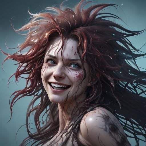 Hyperrealistic Woman with Frazzled Hair and Psychotic Grin