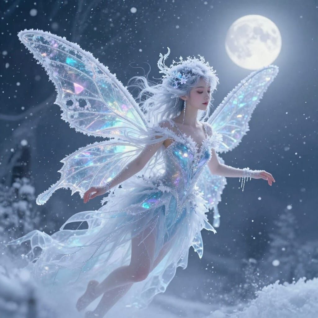Whimsical Ice Fairy in Ethereal Moonlight Fantasy Art
