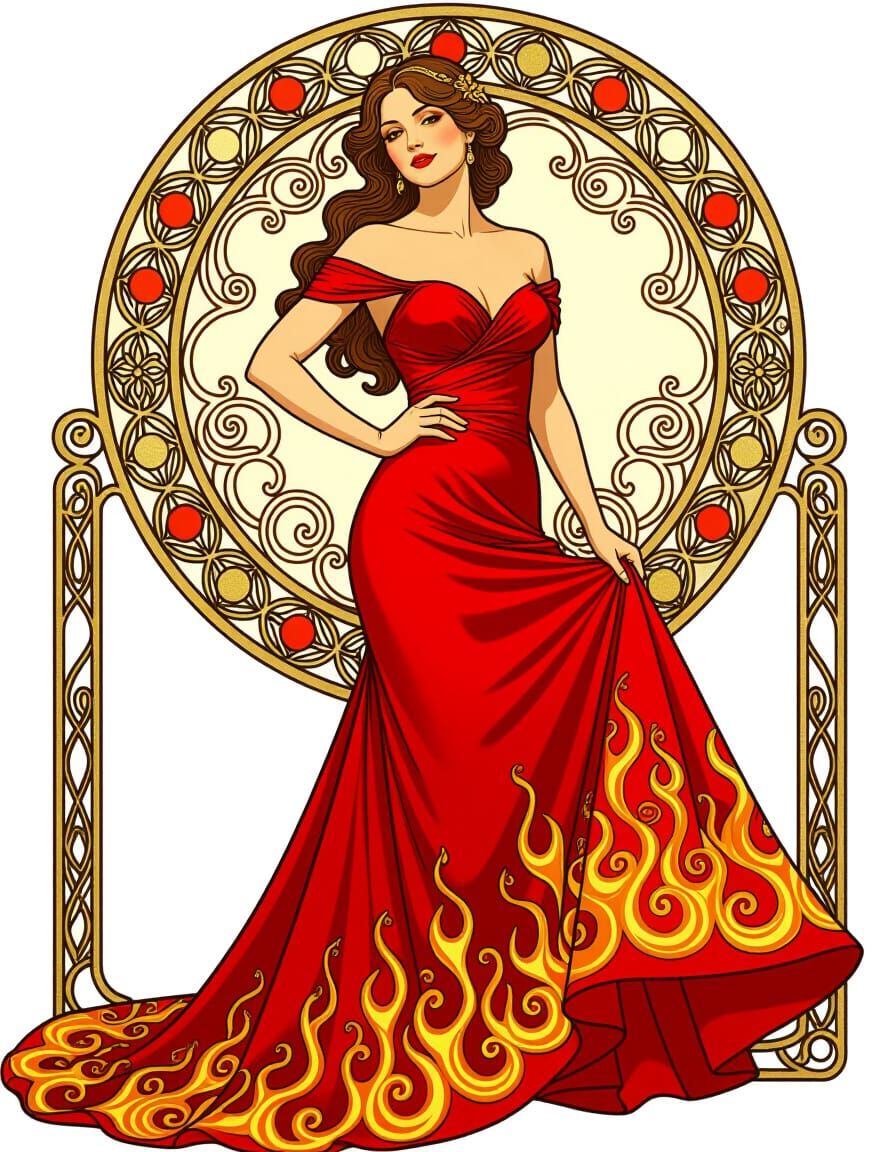 Elegant Woman in Red Gown, Art Nouveau Style